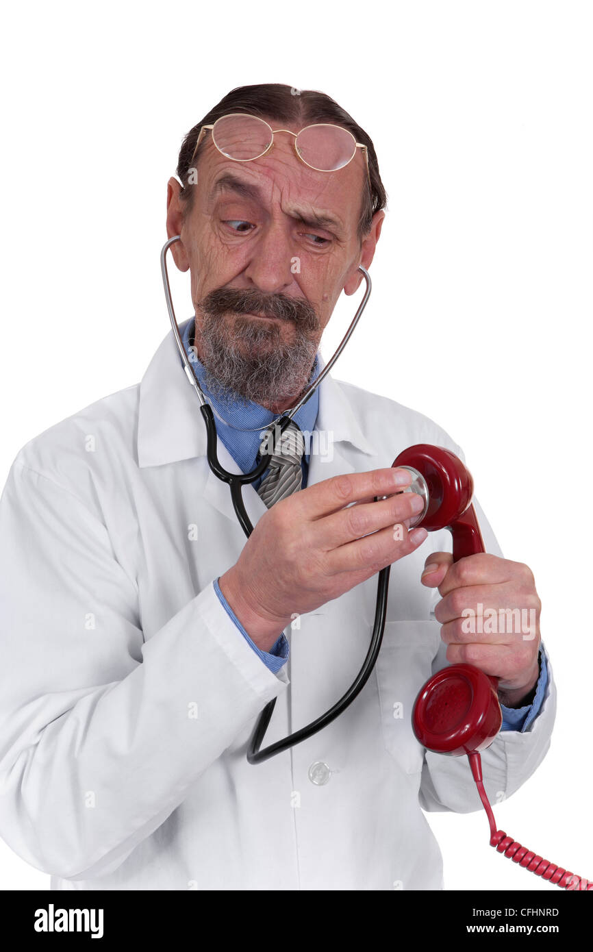 doctor performing a telephone consultation on white background Stock Photo