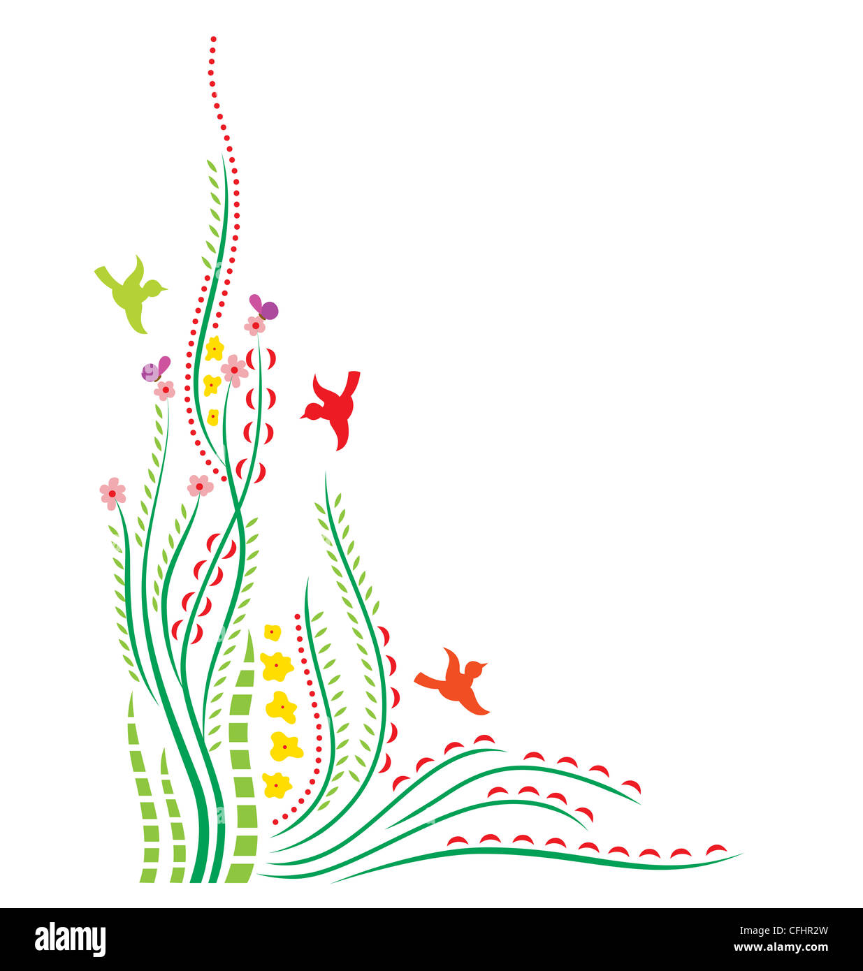 Decorative swirls with flowers and birds on the left bottom side of template, great for invitation or information template Stock Photo