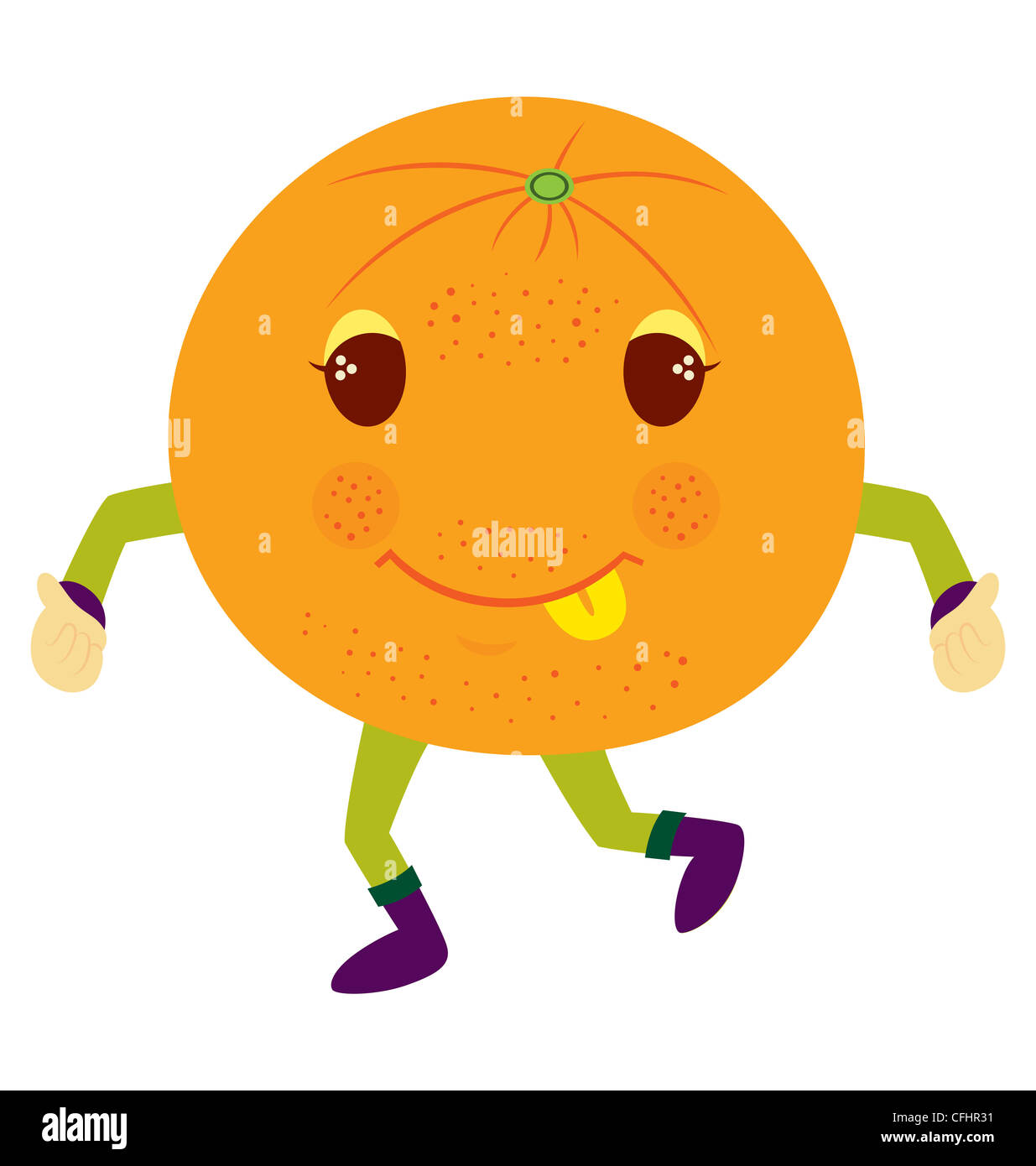 An orange head character, standing and smiling with tongue out, both