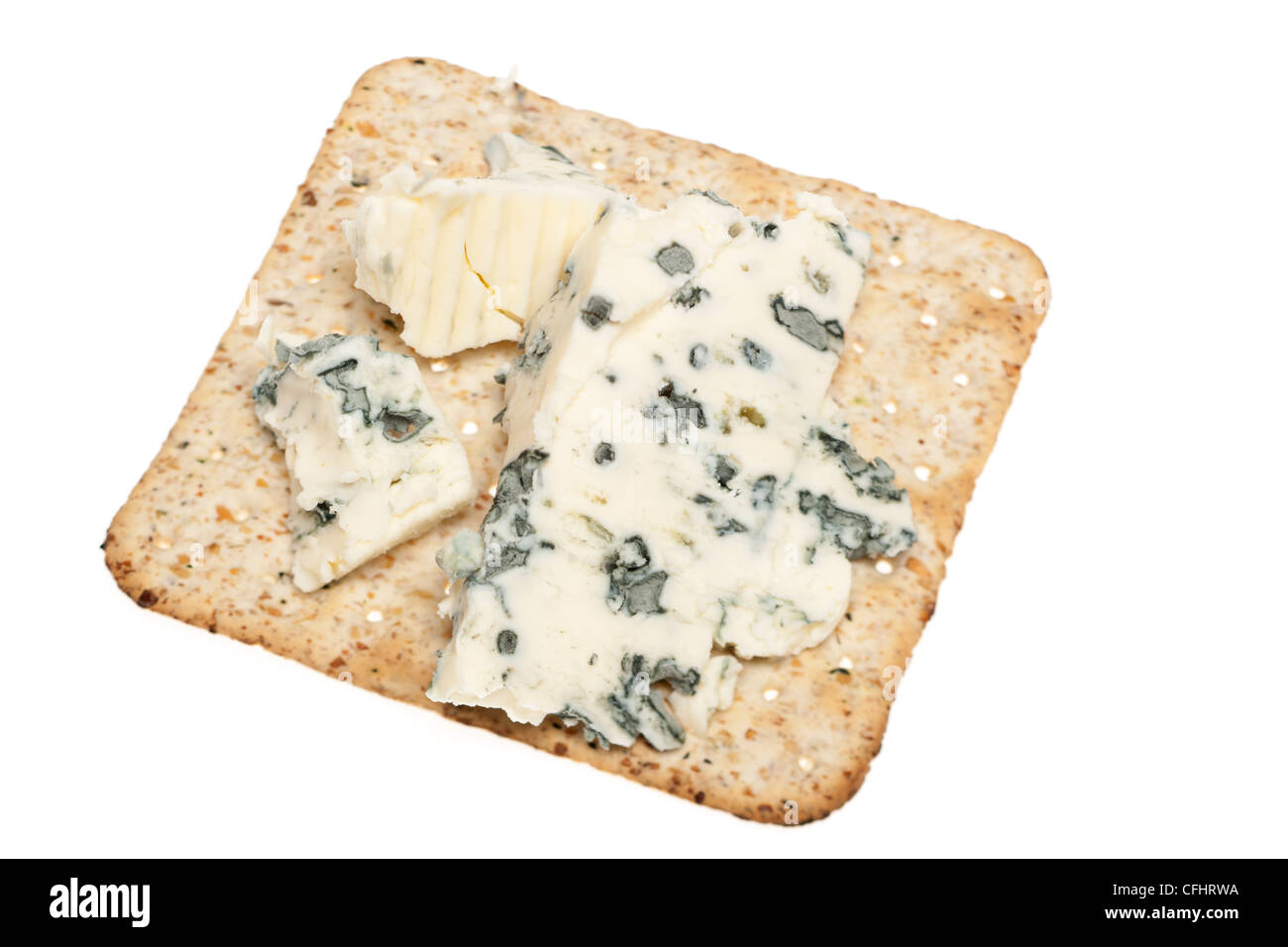 Blue veined cheese on a square cracker Stock Photo Alamy