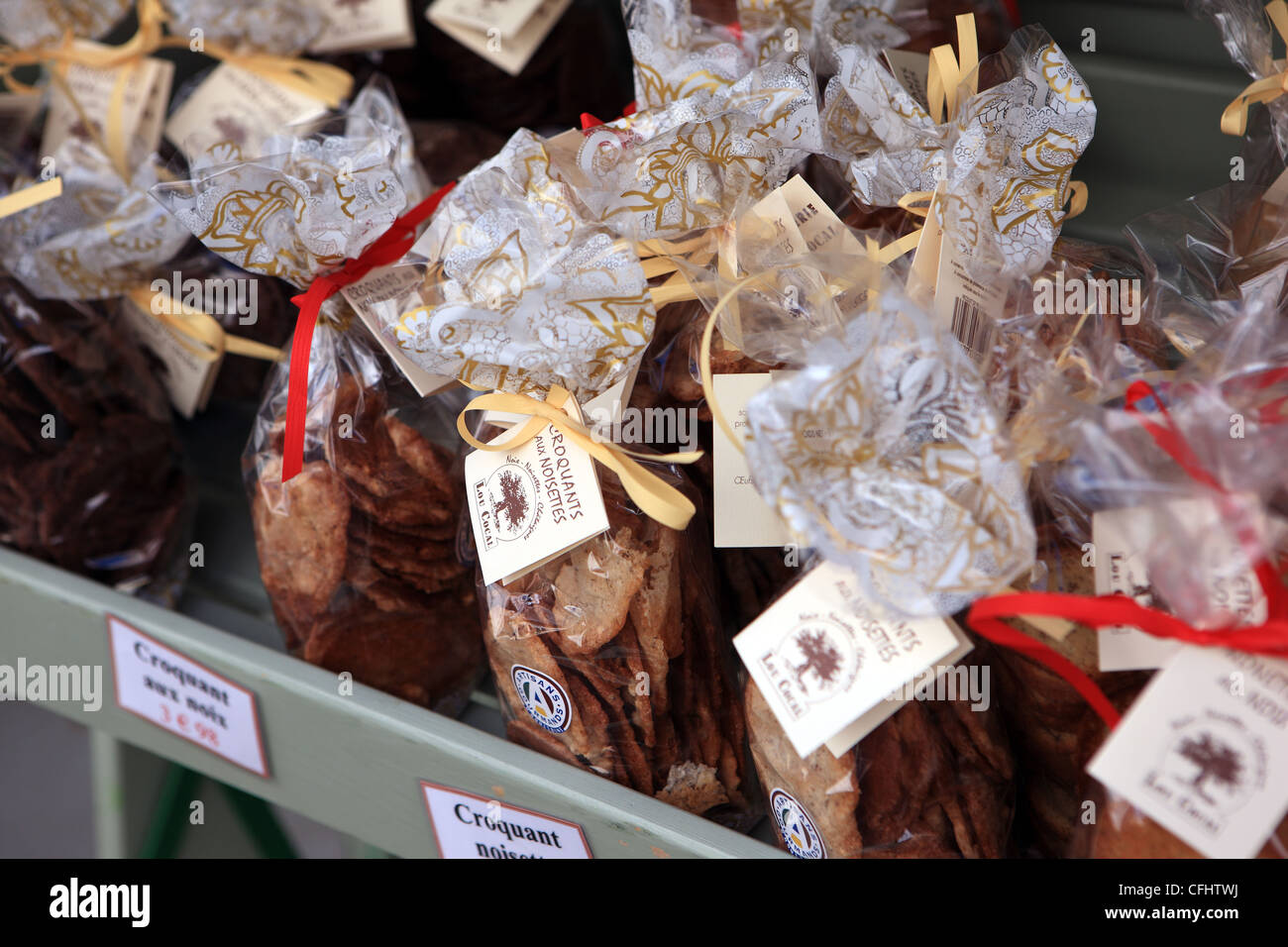 Croquants aux noisettes or crunchy hazelnuts a speciality of Bordeaux on sale in a market in France Stock Photo