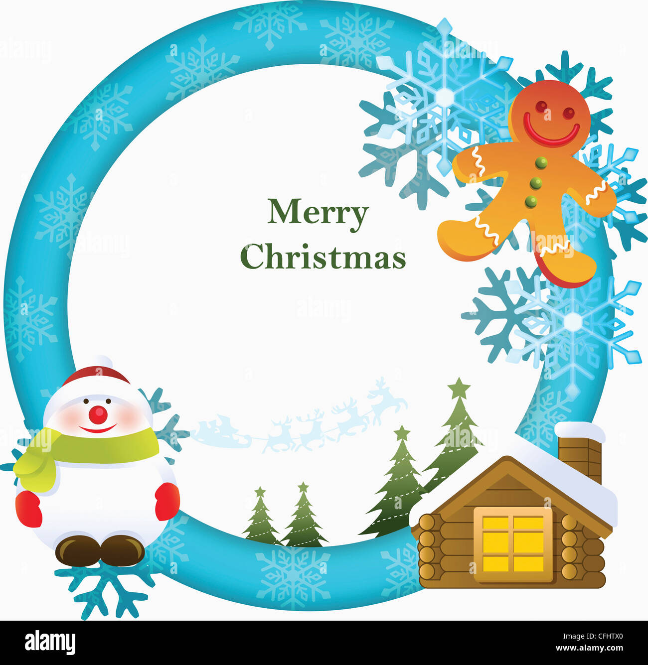 The blue circle frame with ginger man, snowman, and house Stock Photo Alamy