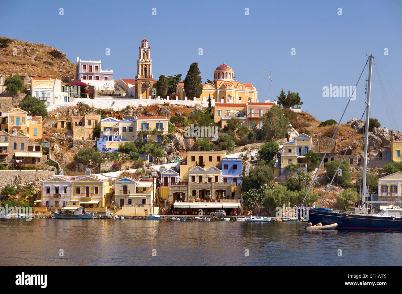 Port of Symi, Greek Island of Symi, Aegean Dodecanese Island Group, Greece Stock Photo