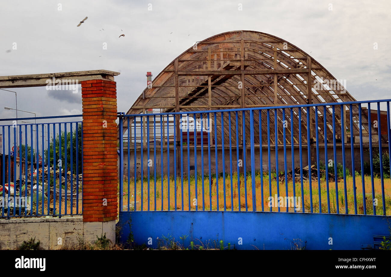 Venice, Marghera, Italy. The industrial area of Porto Marghera : a shed with no roof. Stock Photo