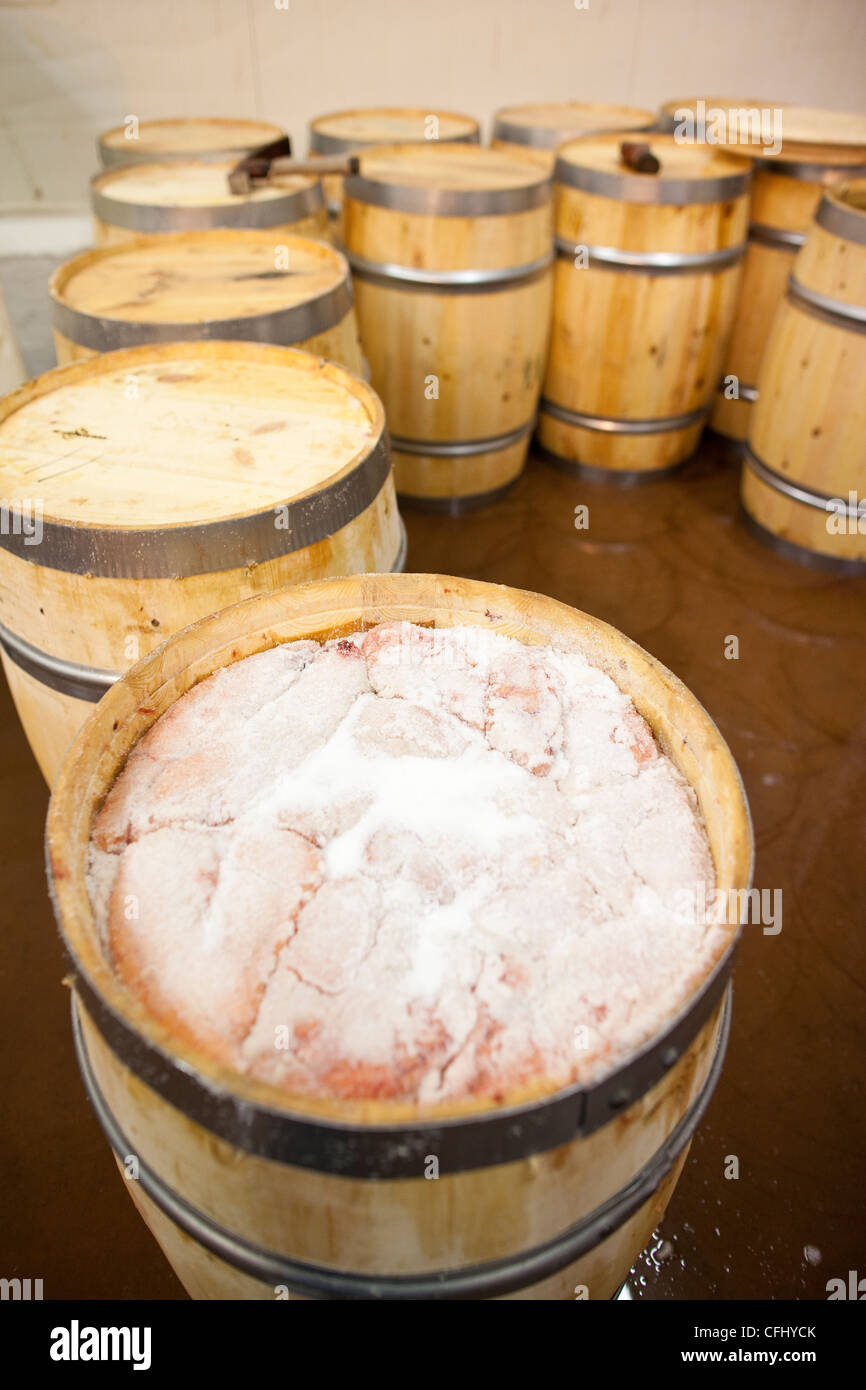 Cod liver stored in wooden barrels, at Gunnar Klo AS fish factory in Myre, Vesterålen, Northern Norway. Stock Photo