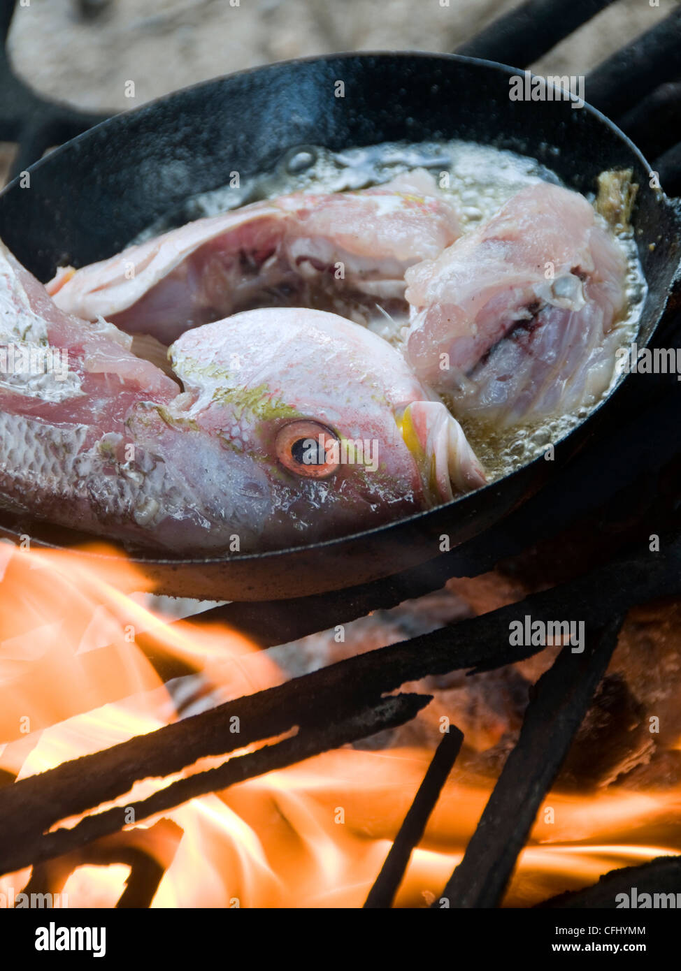 fresh fish cooking frying pan in coconut oil outdoor wood burning grill Corn Island Nicaragua Stock Photo