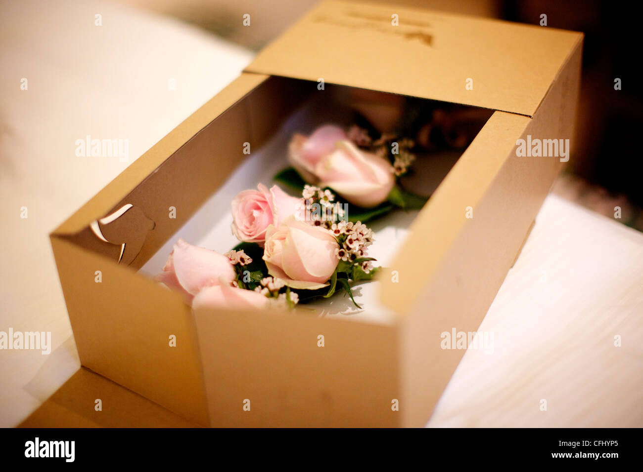 pink wedding flowers in box Stock Photo Alamy