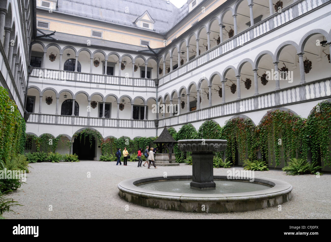 Arcaded Court surrounded by three storeys of the four wings within Schloss Greinburg (Greinburg Castle), Grein,Austria Stock Photo