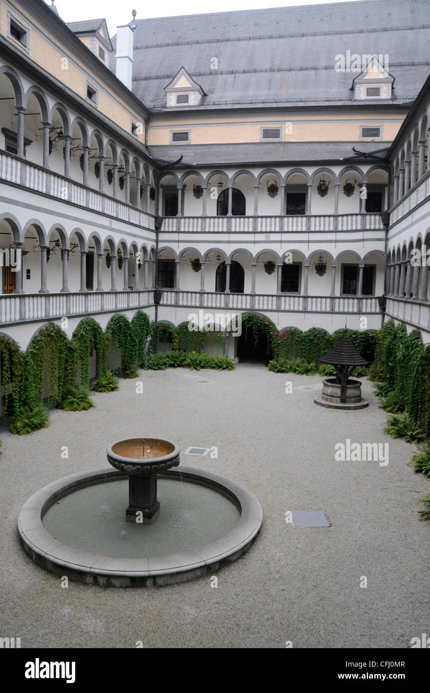 Arcaded Court surrounded by three storeys of the four wings within Schloss Greinburg (Greinburg Castle), Grein,Austria Stock Photo