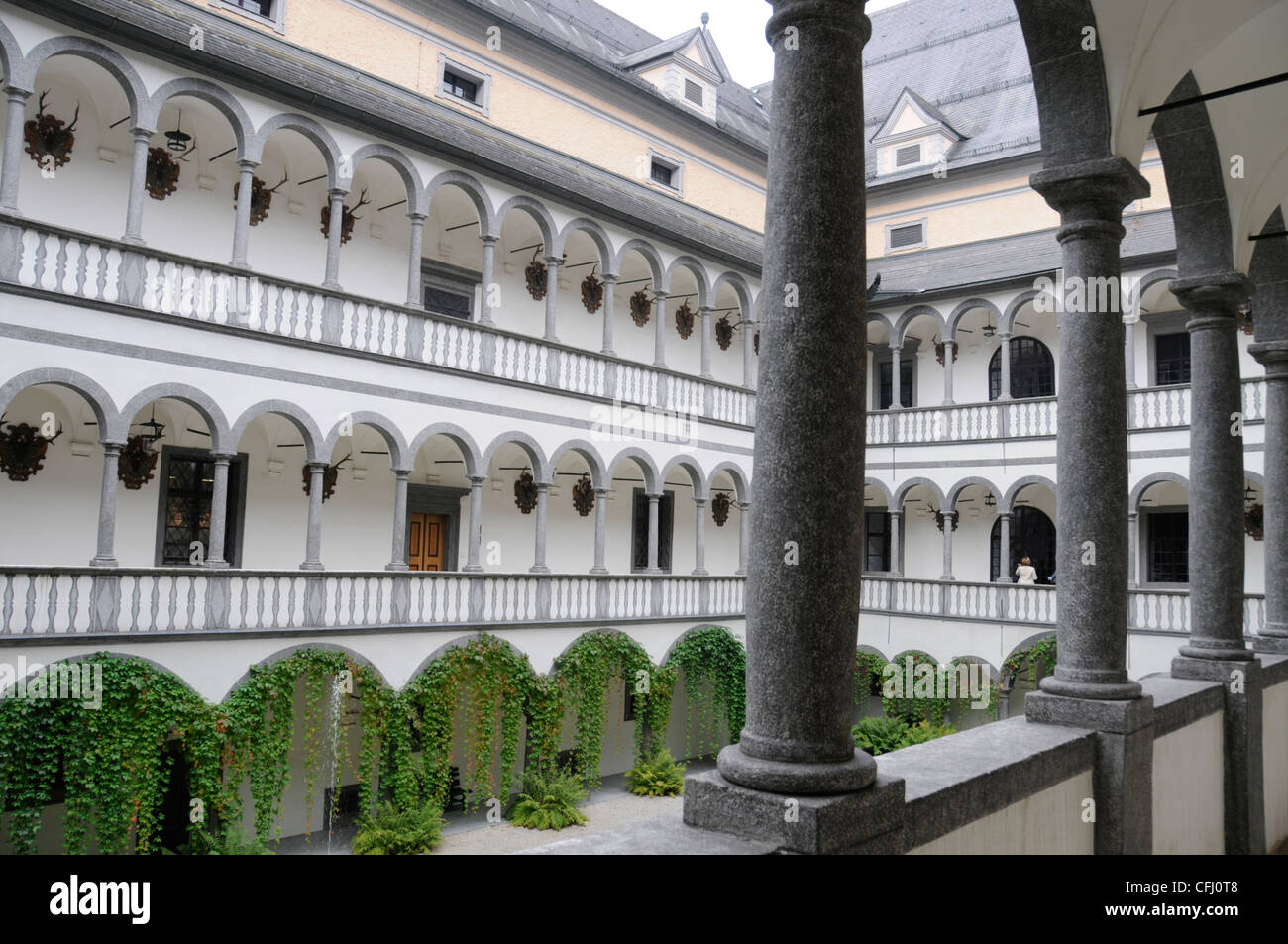 Arcaded Court surrounded by three storeys of the four wings of Schloss Greinburg (Greinburg Castle) in Grein,Austria Stock Photo