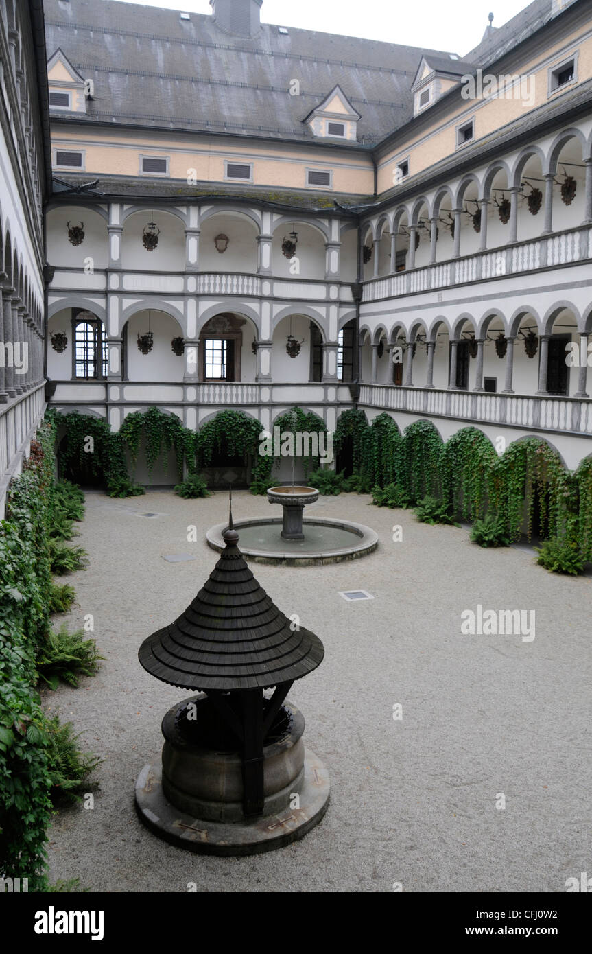 Arcaded Court surrounded by three storeys of the four wings of Schloss Greinburg (Greinburg Castle) in Grein,Austria Stock Photo