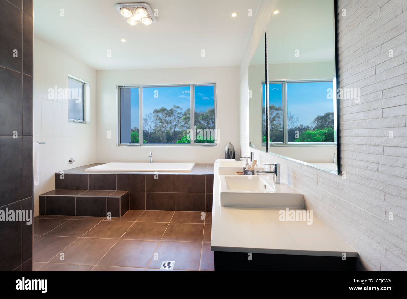 Modern twin bathroom with stylish bath Stock Photo Alamy