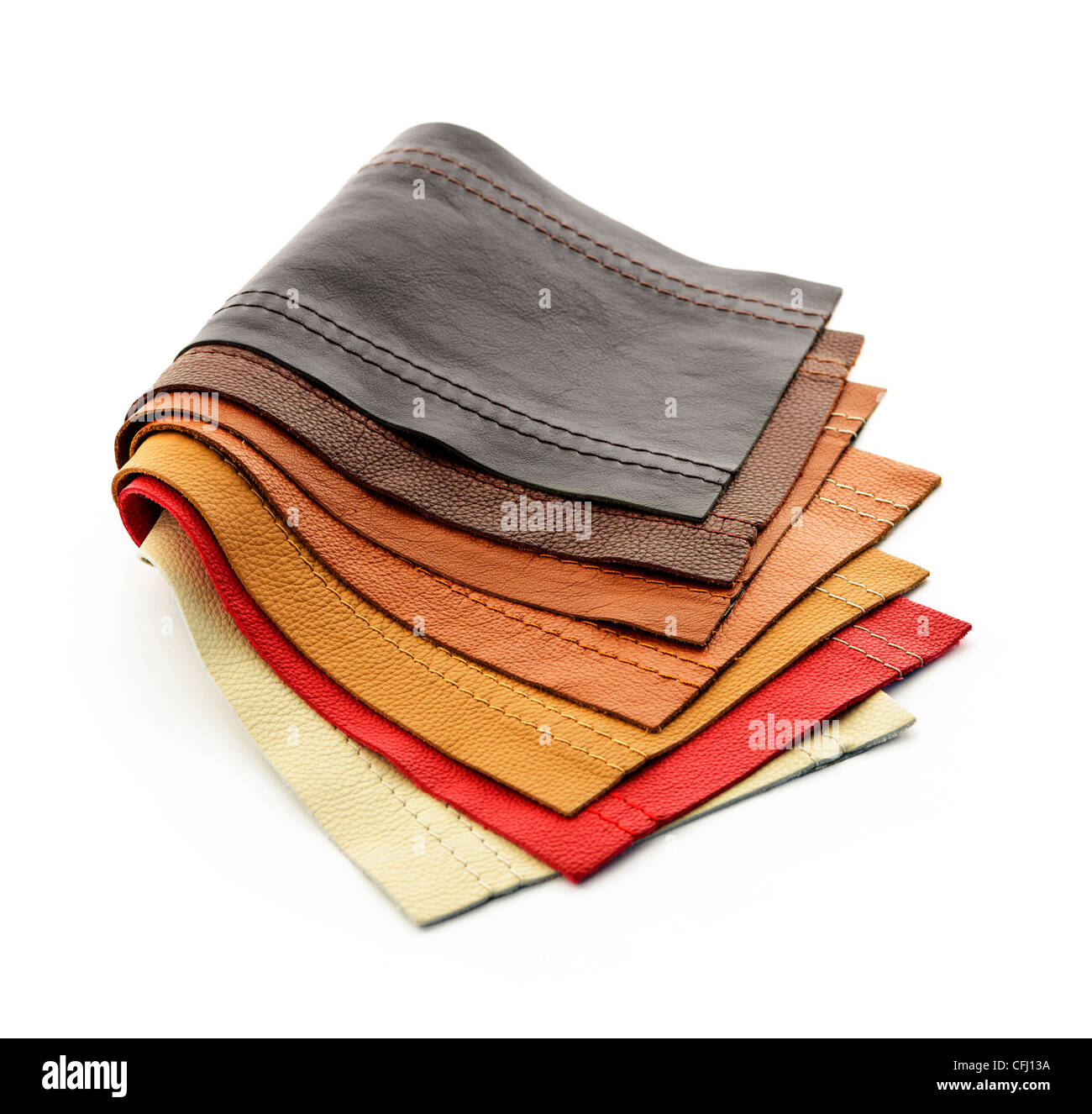 Leather upholstery samples with stitching in various colors isolated Stock Photo