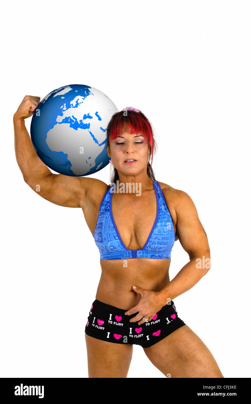 Female Atlas holds the world on her shoulder Stock Photo