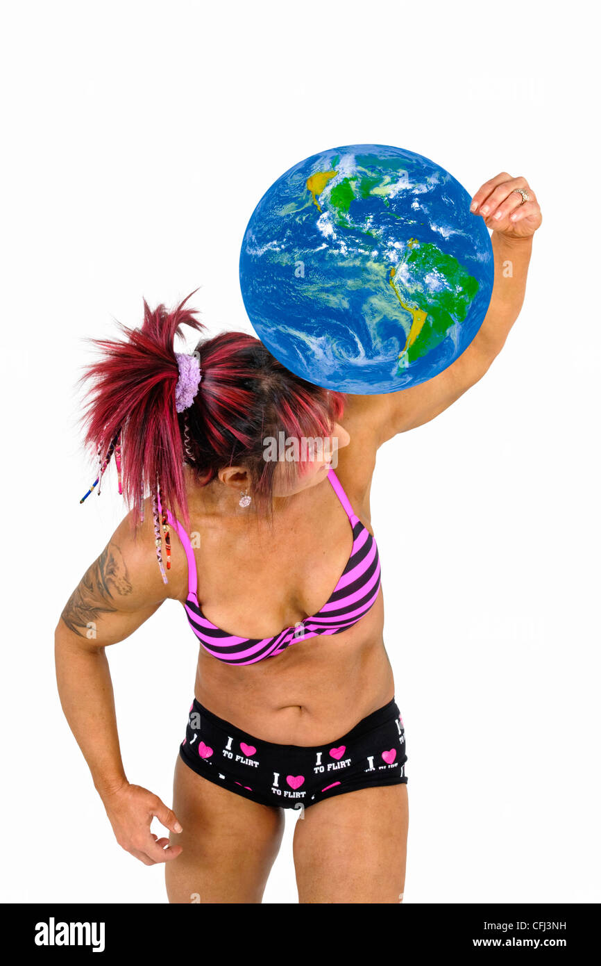 Female Atlas Holds The World On Her Shoulder Stock Photo Alamy