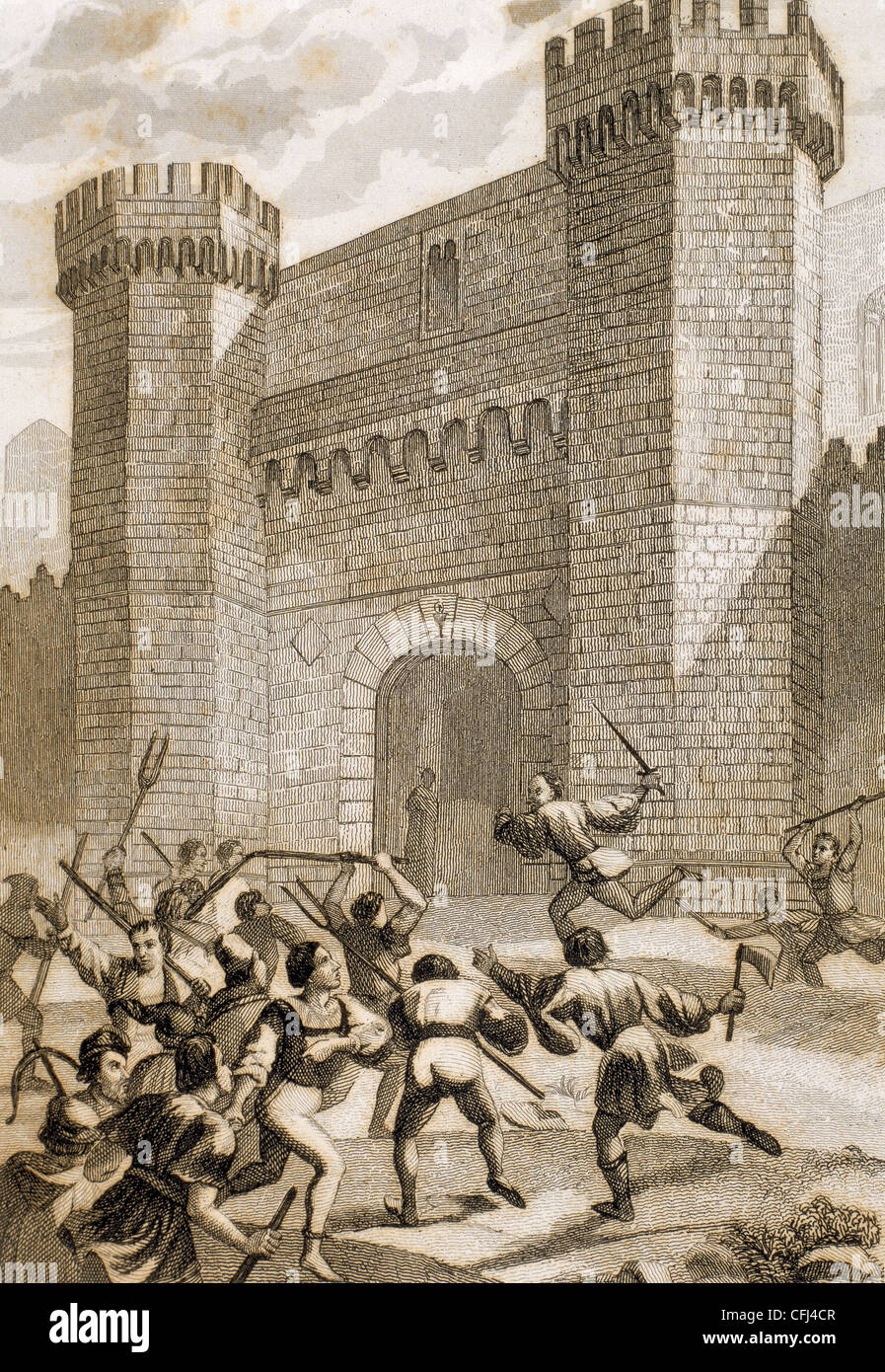Revolt of peasants in front of the Monastery of Poblet. Catalonia. Spain. Engraving. Stock Photo