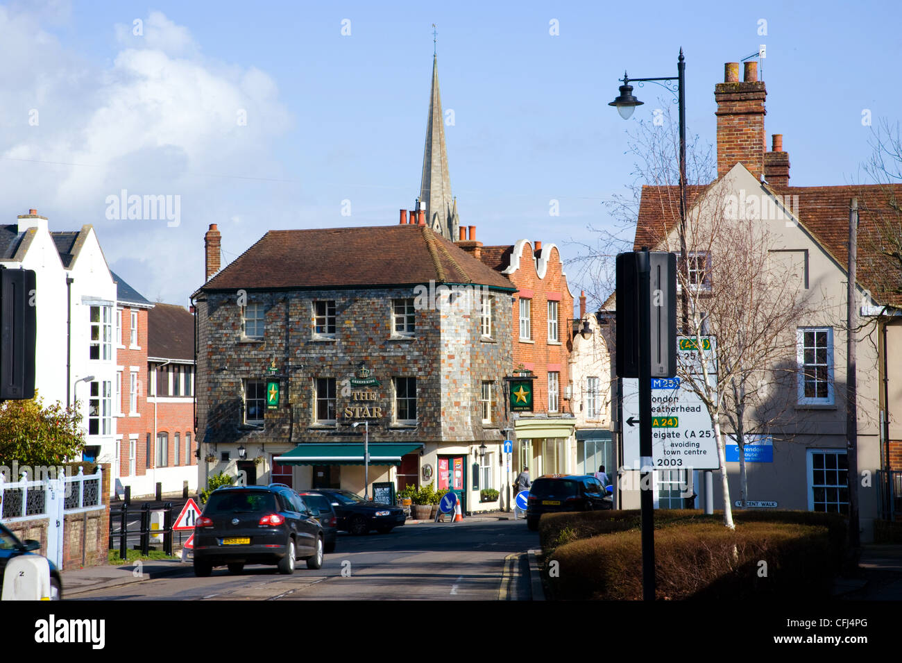 Dorking Town center one way system and St Martin’s church and dorkings