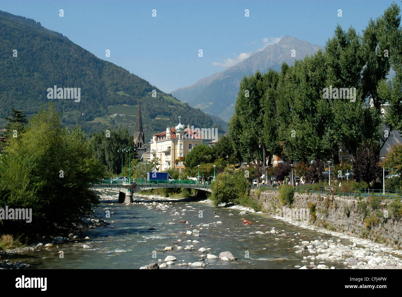 Merano in the Etschtal with a view of the river Passer. Stock Photo