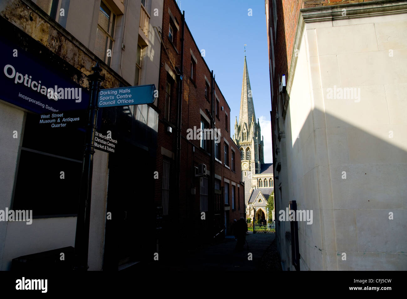 Dorking Town center one way system and St Martin’s church and dorkings