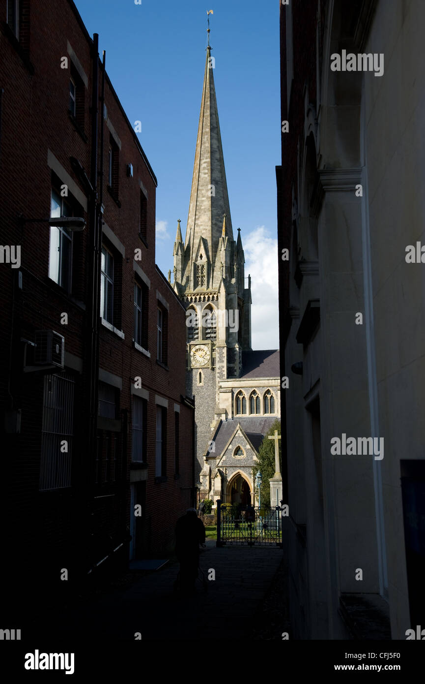 Dorking Town center one way system and St Martin’s church and dorkings