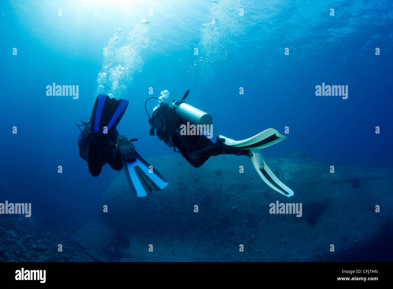 Divers exploring Ship wreck - The Red Sea Stock Photo
