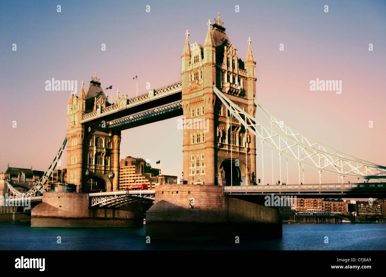 Tower Bridge, famous suspension bridge across the Thames River, bathed