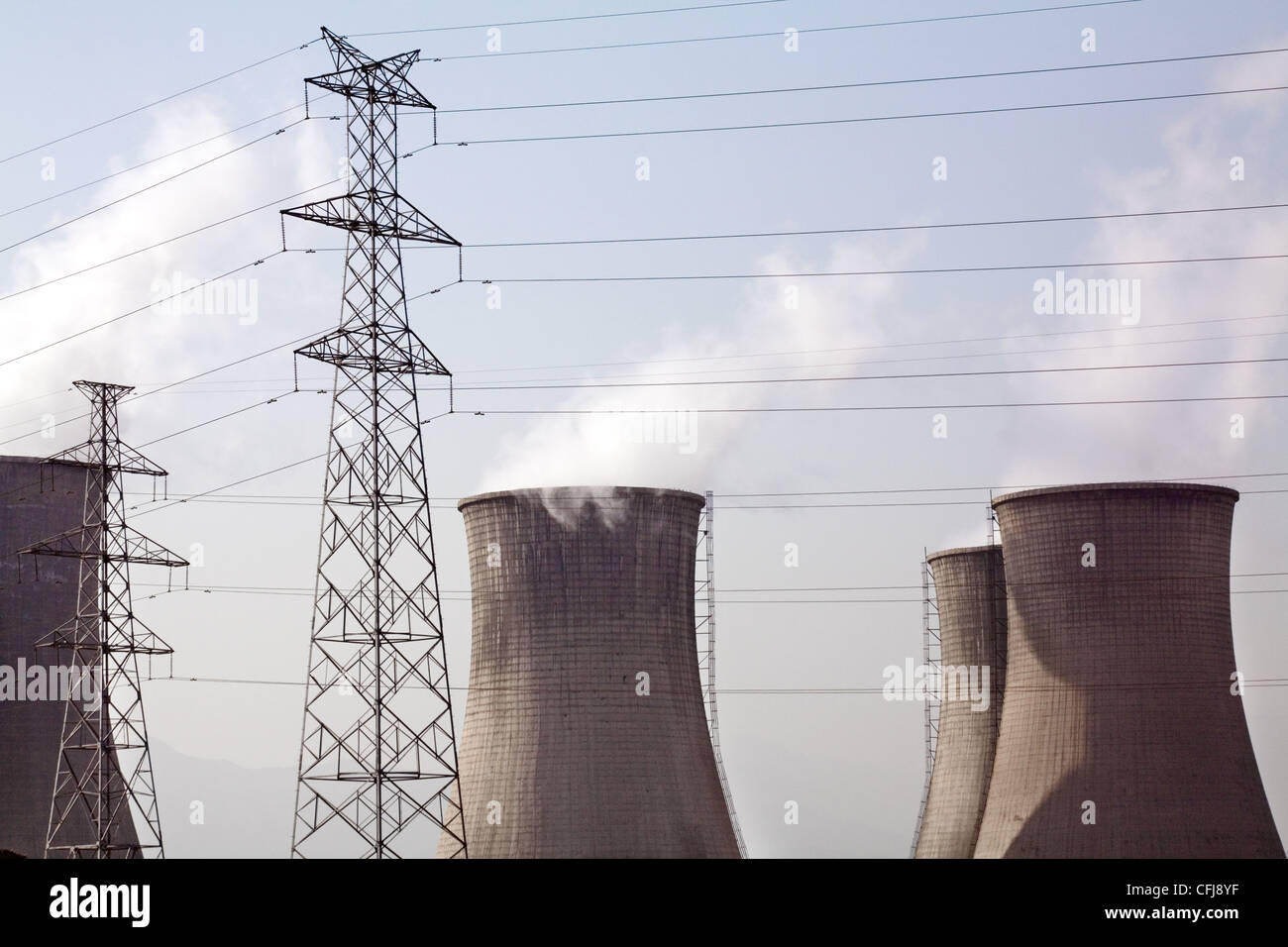 Electricity Pylon and Cooling Tower, Fuel and Power Generation Stock Photo
