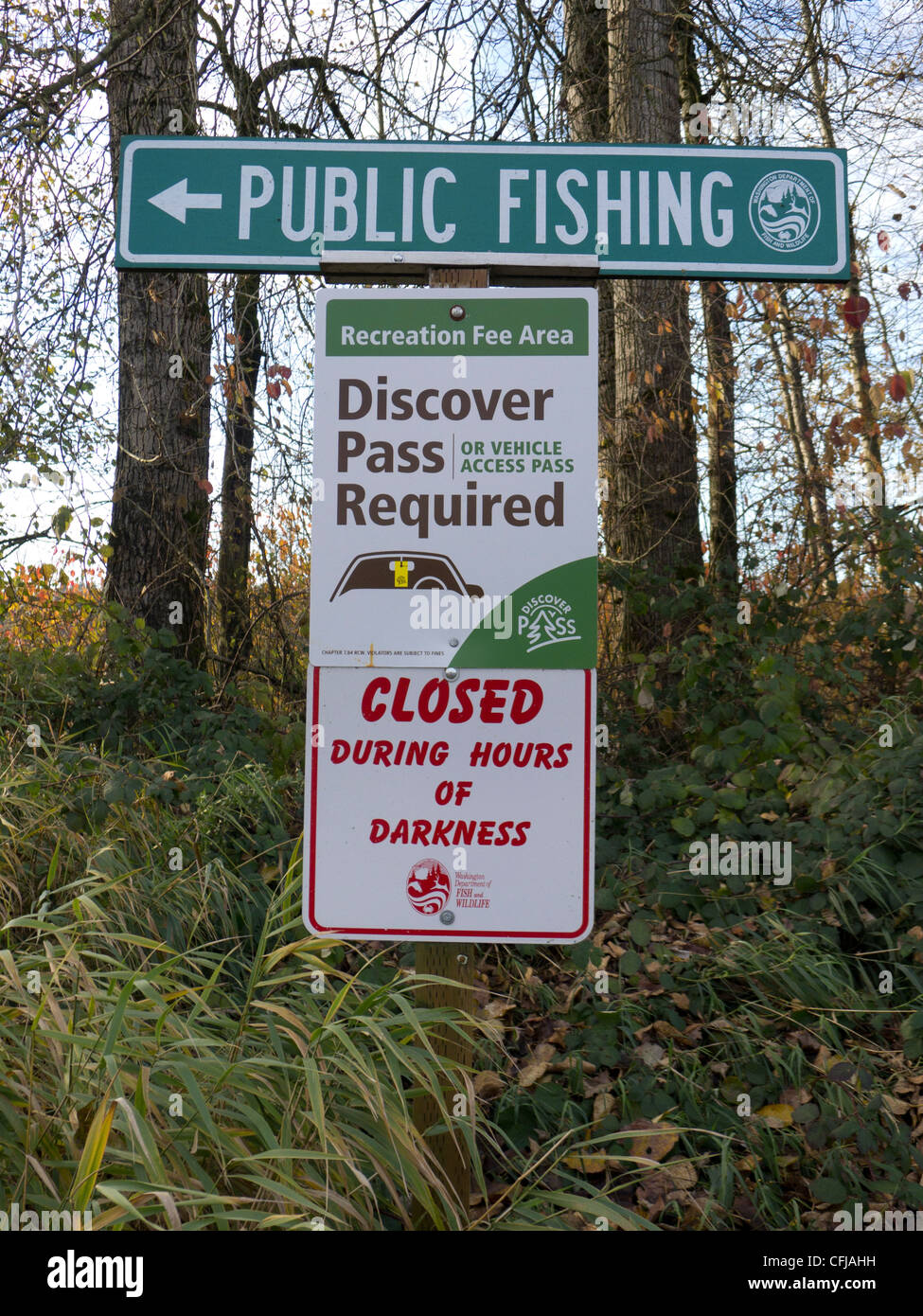 Signage at a public fishing access,Skykomish River,Washington Stock