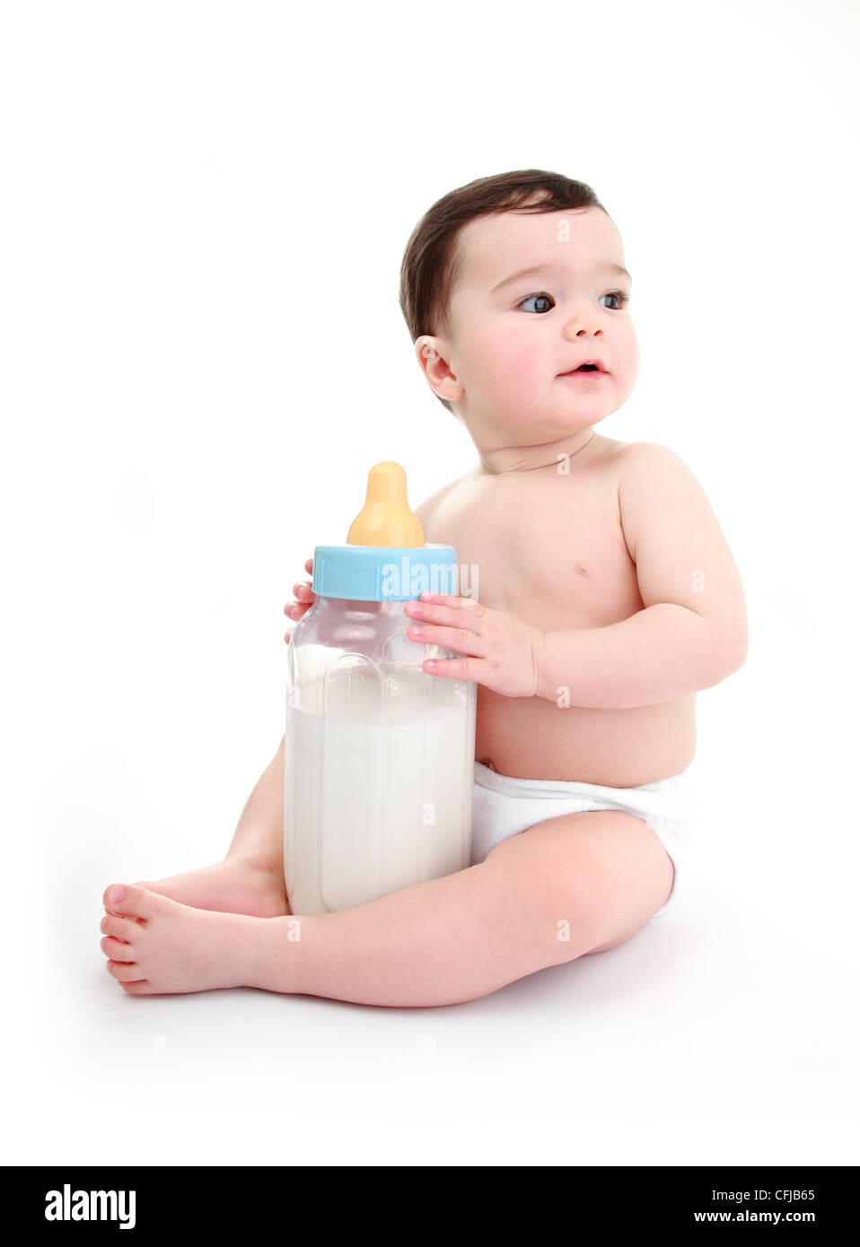 Baby holding giant bottle of milk Stock Photo - Alamy