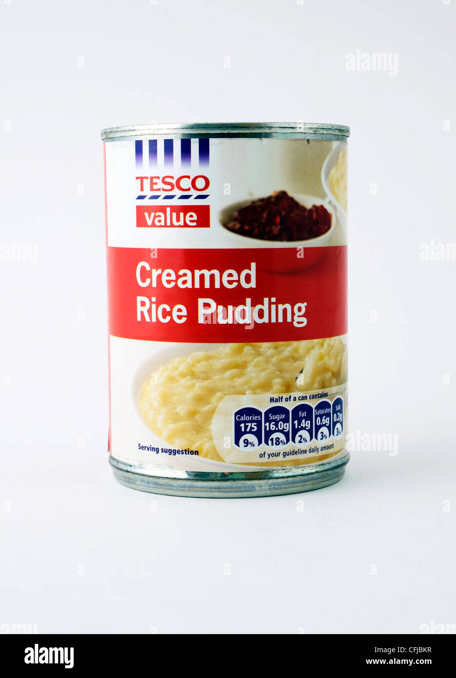 a tin of tesco value rice pudding on a white background Stock Photo