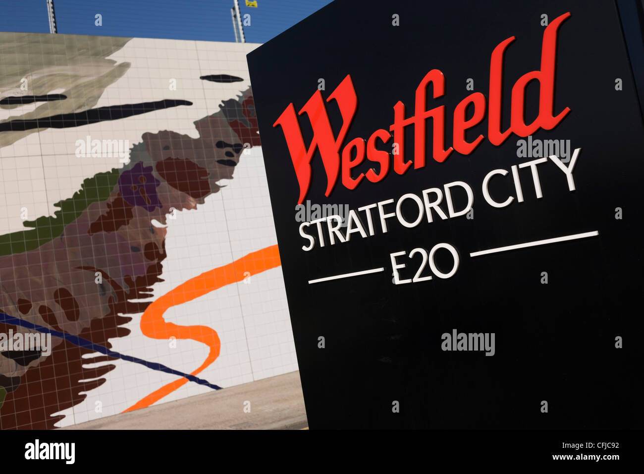 Boundary sign of the Westfield City shopping centre in Stratford, home of the 2012 Olympics. Situated on the fringe of the 2012 Olympic park, Westfield hosted its first day to thousands of shoppers eager to see Europe's largest urban shopping centre. Stock Photo