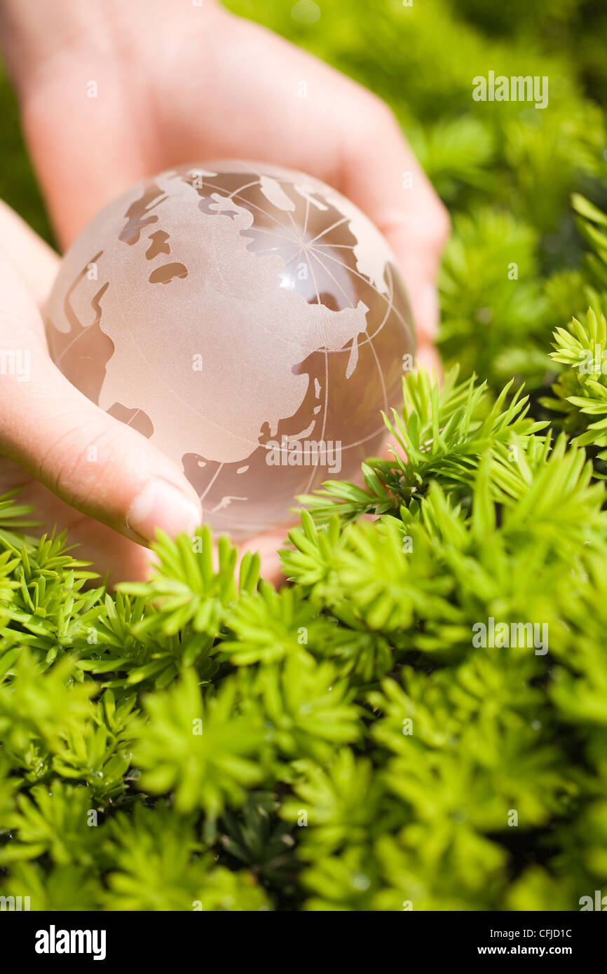 Hand holding a glass globe in front of blurred green background Stock ...