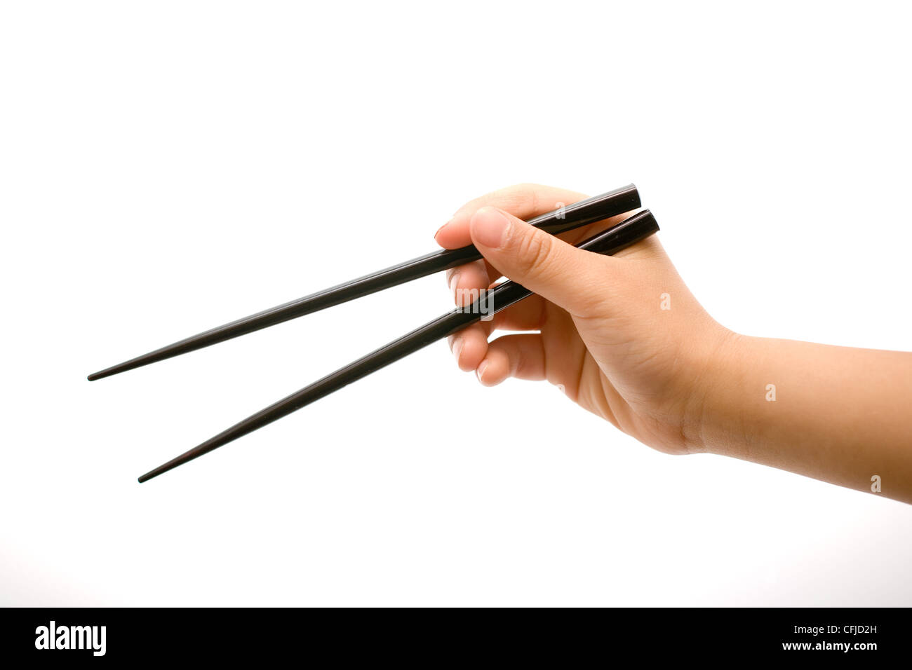 Hand holding chopsticks in the open position over white Stock Photo Alamy