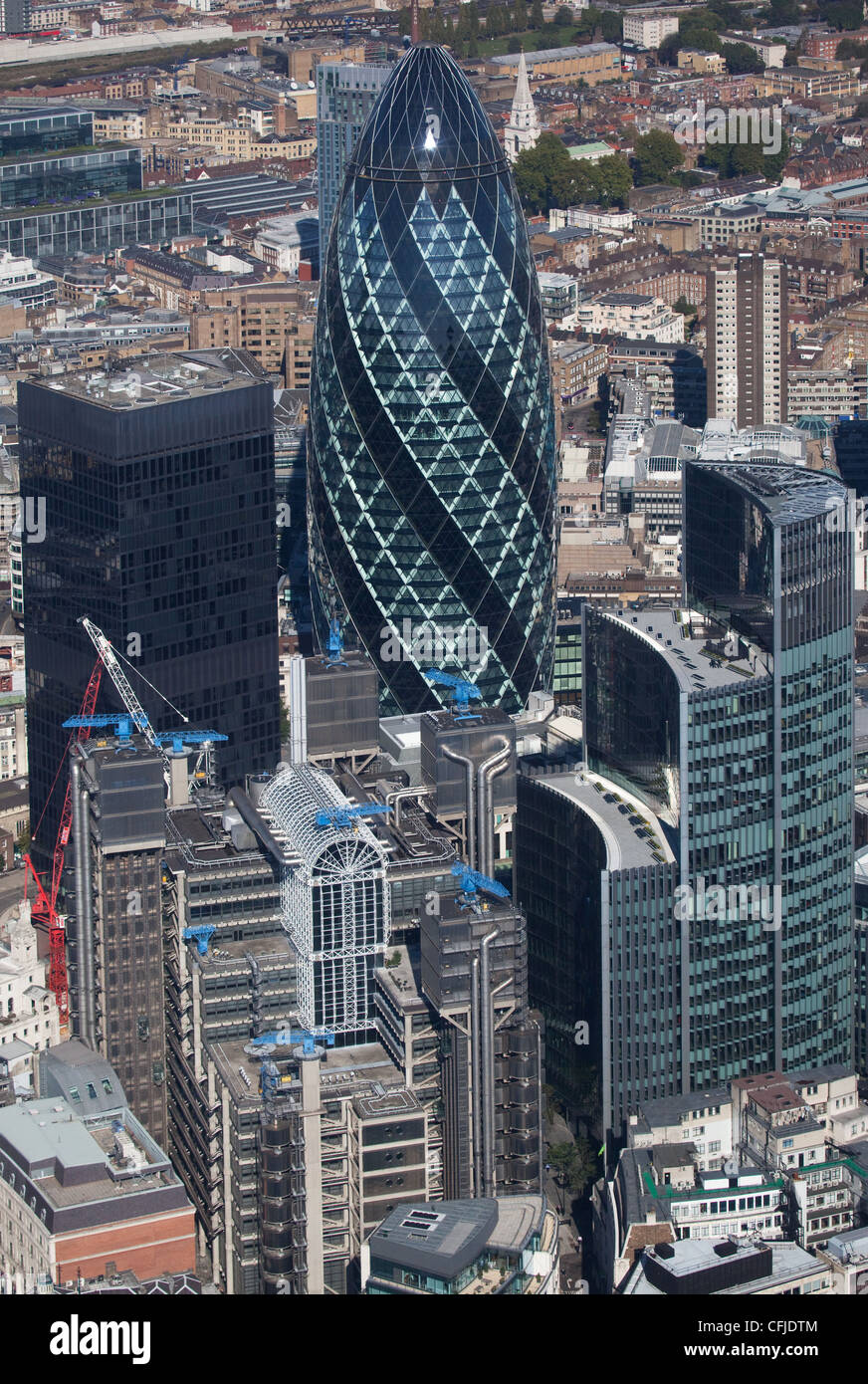 Aerial view of the Lloyds Building and 30 St Mary Axe ('The Gerkin') Stock Photo