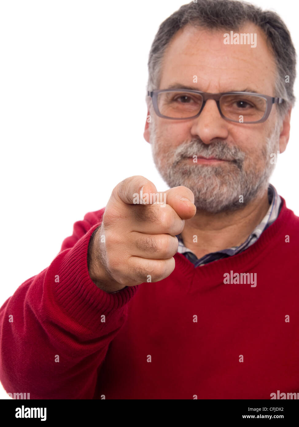 Portrait of a middle aged bearded man pointing his finger at the camera Stock Photo