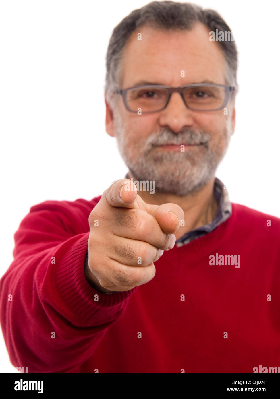 Portrait of a middle aged bearded man pointing his finger at the camera Stock Photo