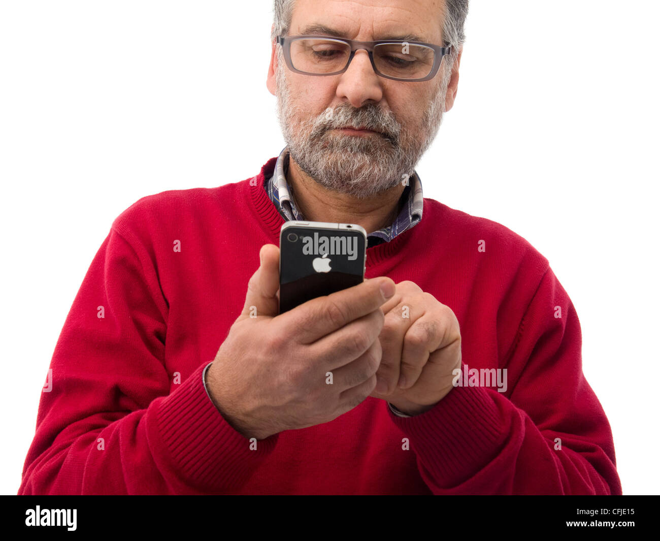 Middle-aged man using iPhone isolated on white background Stock Photo