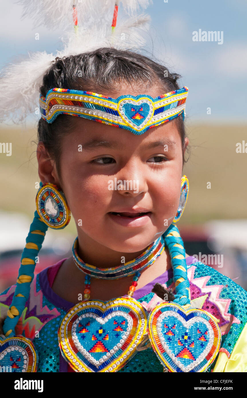 Young Blackfoot girl in traditional regalia, Siksika Nation Pow-wow, Gleichen, Alberta, Canada Stock Photo
