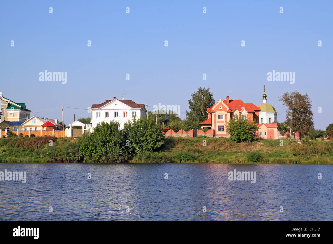 cottages on coast big river Stock Photo