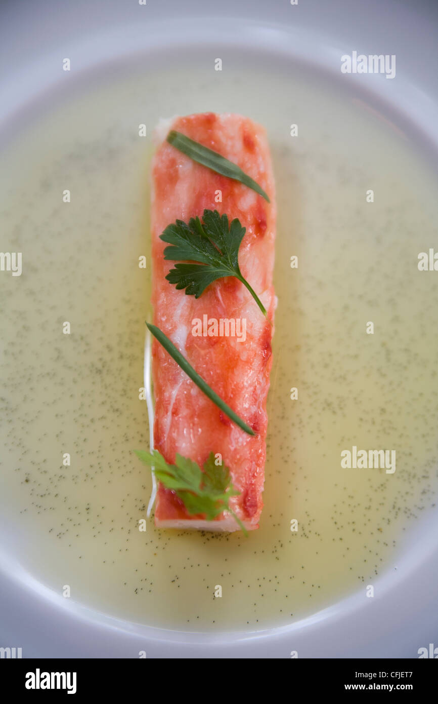 Chef William Bradley's king crab leg with vanilla oil and fines herbs