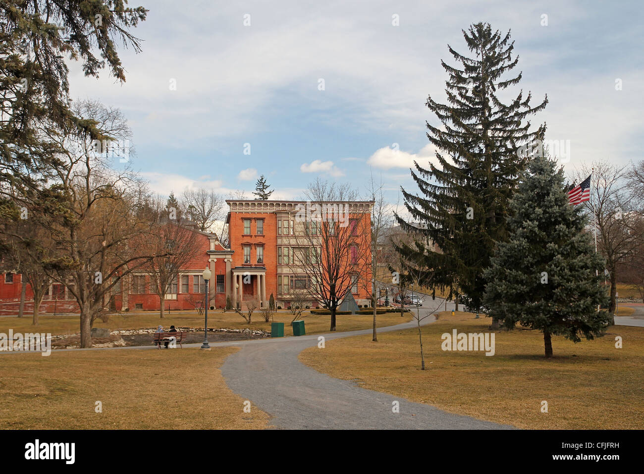 A view through Congress Park towards Canfield's Casino, built in 1870, which now houses the Saratoga Springs History Museem Stock Photo