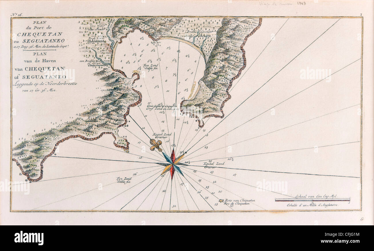 1743 navigation chart for Mexican harbour of Zihuatanejo by Commodore George Anson. Displayed in Archeological Museum of the Costa Grande, Zihuatanejo Stock Photo