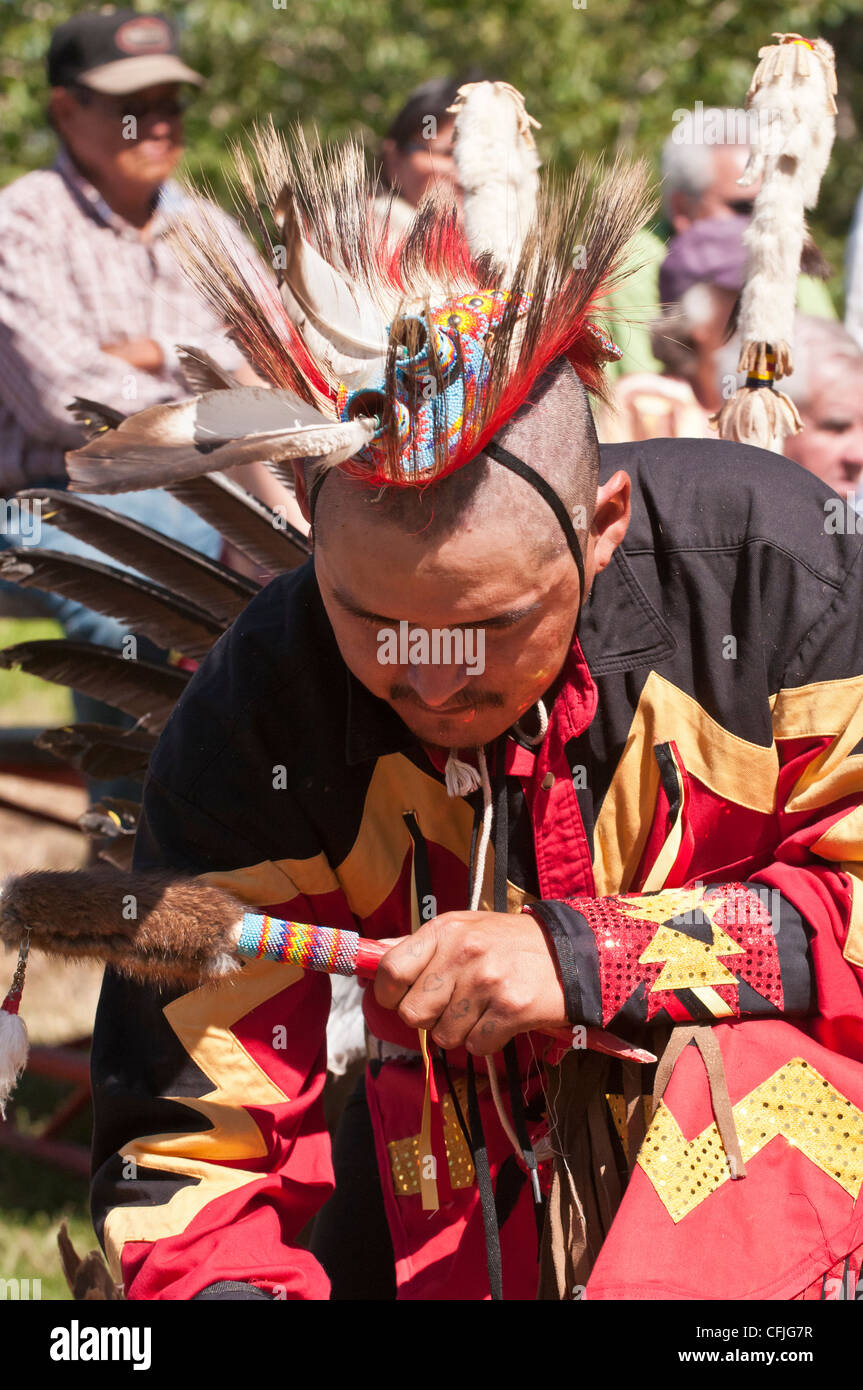 Man in traditional regalia, Stony Nakoda First Nations, Bar U Ranch, Alberta, Canada Stock Photo