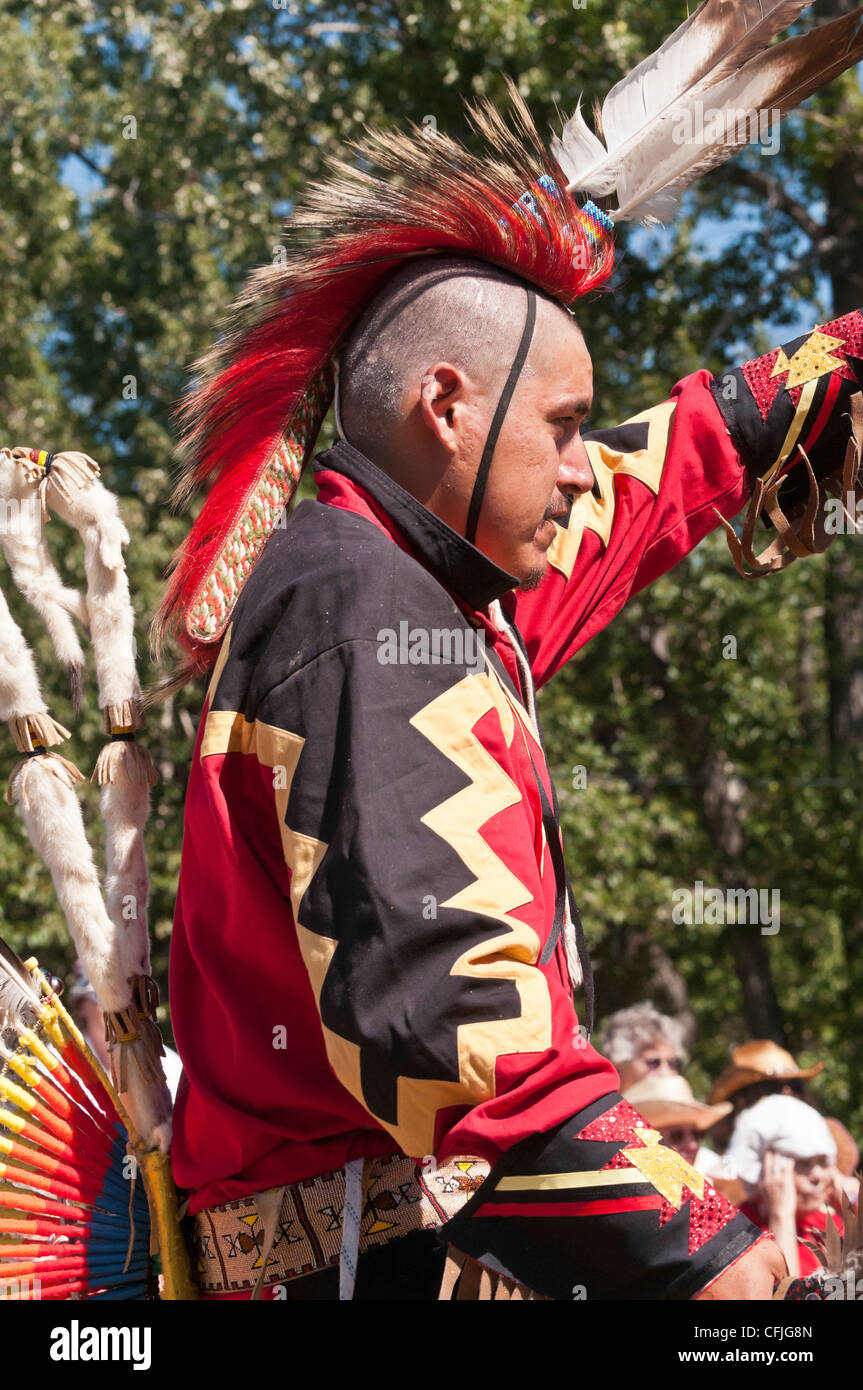 Man in traditional regalia, Stony Nakoda First Nations, Bar U Ranch, Alberta, Canada Stock Photo
