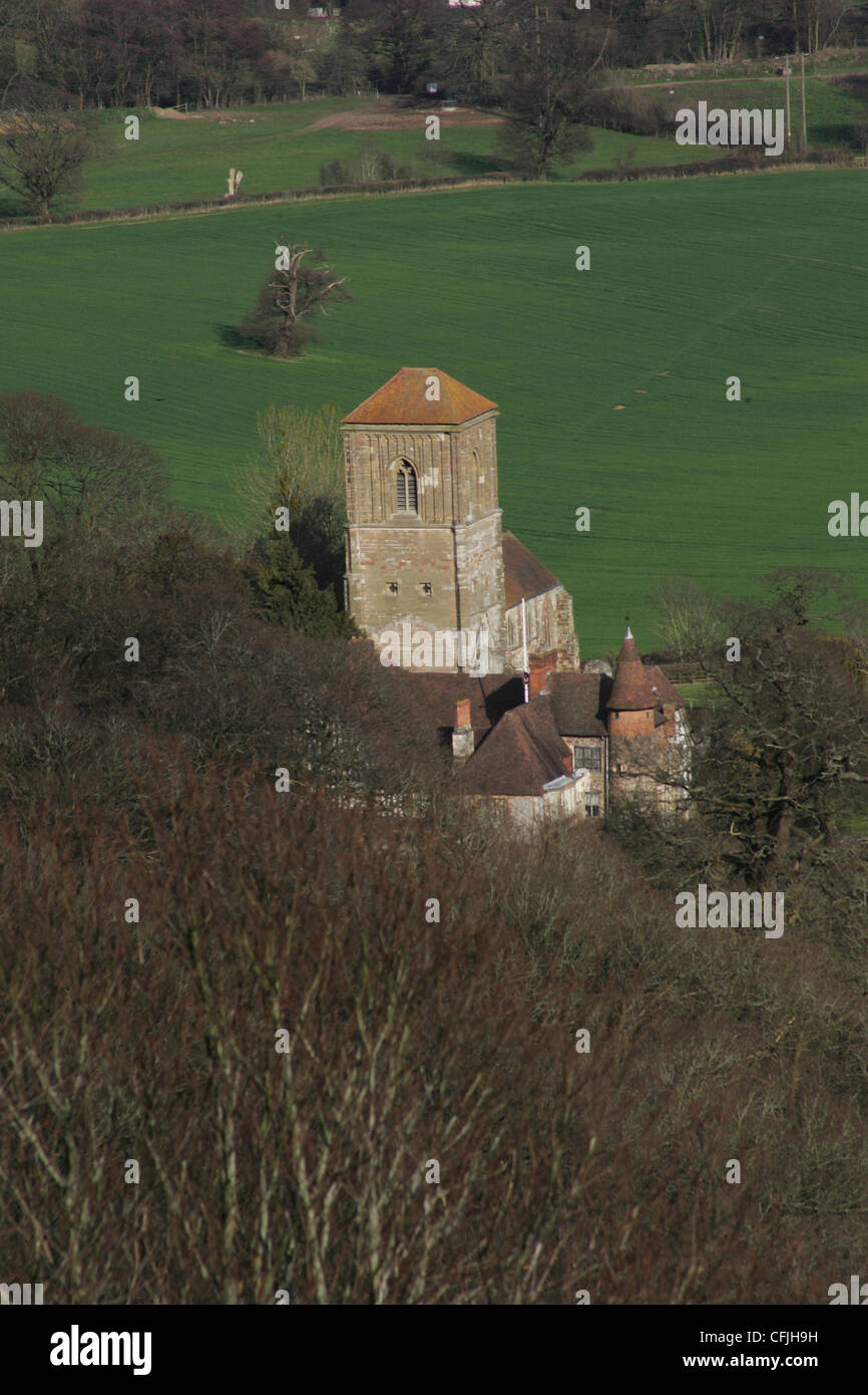 Walking in the Malvern Hills - British Camp 10th March 2012. Little Malvern Priory viewed from British Camp, Malvern hills Stock Photo