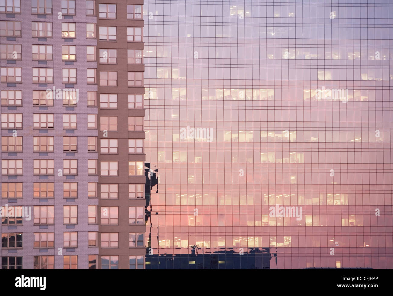 Evening light reflected in office buildings Stock Photo
