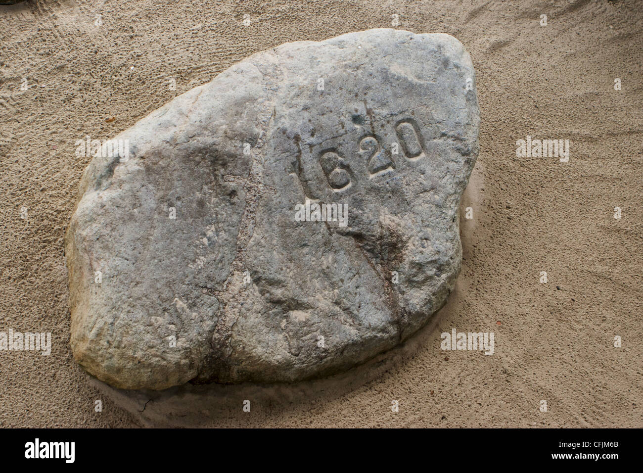 Plymouth Rock marking the site of the 1620 landings of the pilgrims on the Mayflower Stock Photo