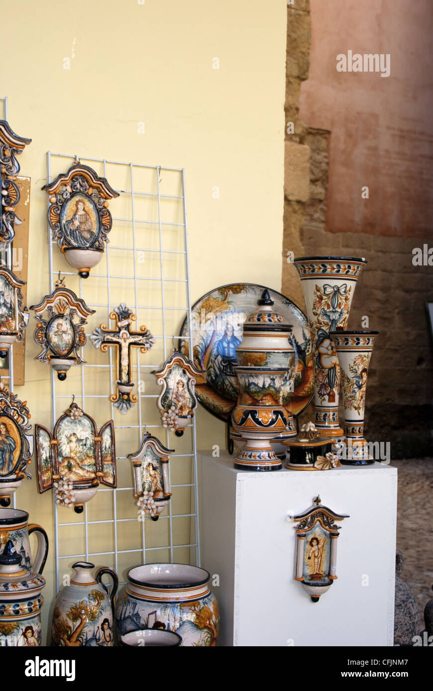 Display of colourful Spanish pottery, Cordoba, Cordoba Province