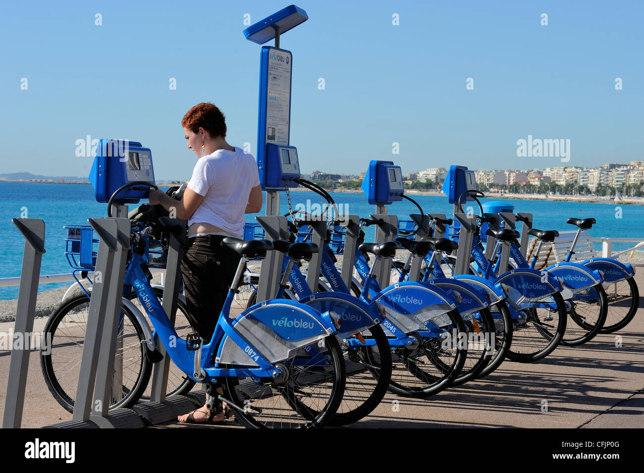 Velo bleu bicycle hire on the Promenade des Anglais, French Riviera,  France, Europe Stock Photo - Alamy