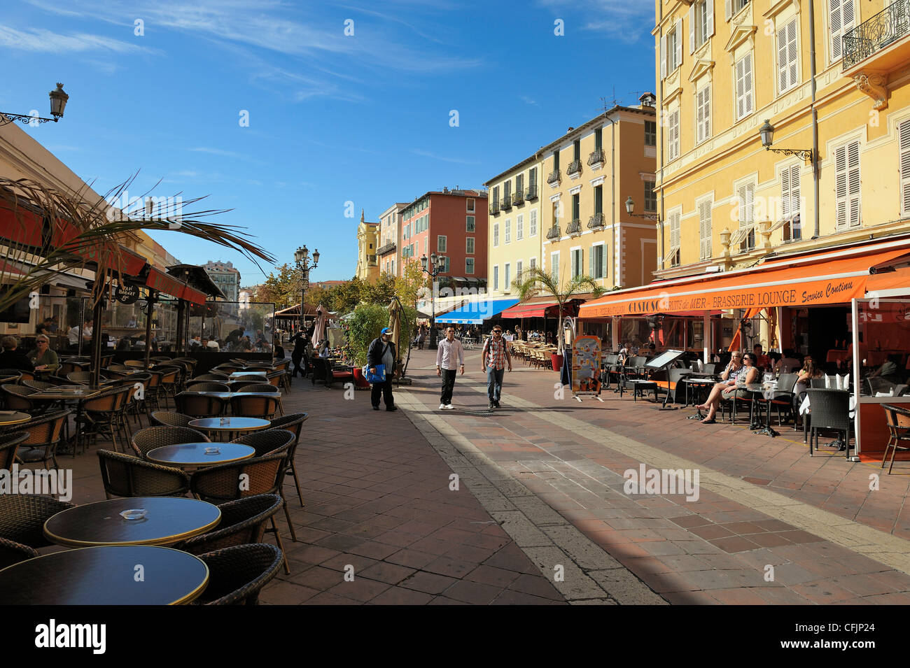 Cours Saleya market and restaurant area, Old Town, Nice, Alpes Maritimes, Provence, Cote d'Azur, French Riviera, France, Europe Stock Photo